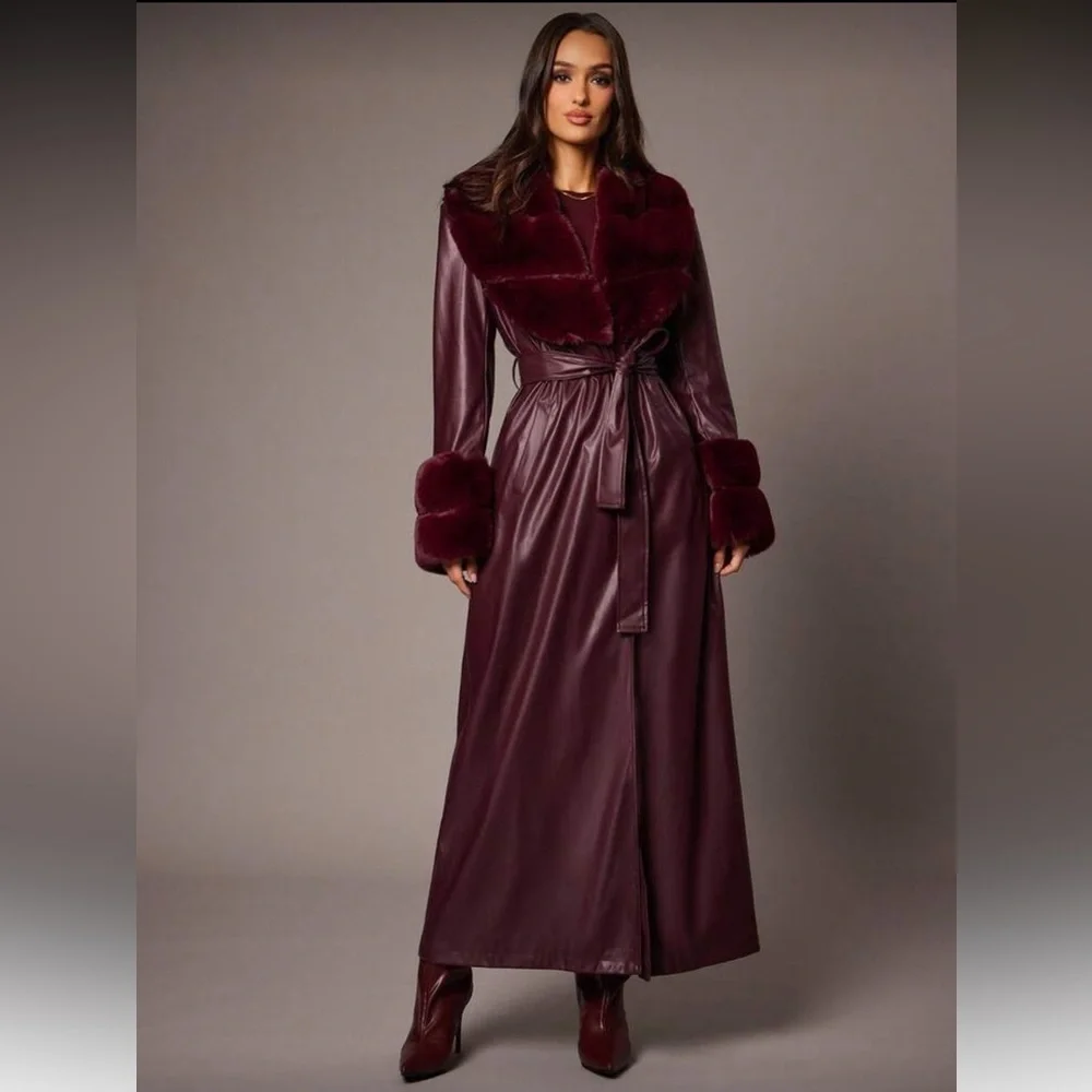 BELT ONLY 🔥 Faux fur collar cuffs vegan leather trench coat burgundy maroon - Picture 6 of 9